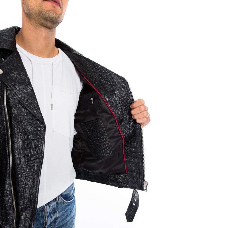 Italian handmade Men black Crocodile textured leather biker jacket slim fit  XXS to 3XL